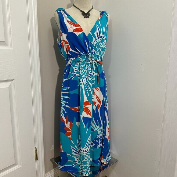 Sleeveless Silk-Inspired Dress with Blue & Orange Botanical Pattern  (SIZE 6) - Picture 2 of 16